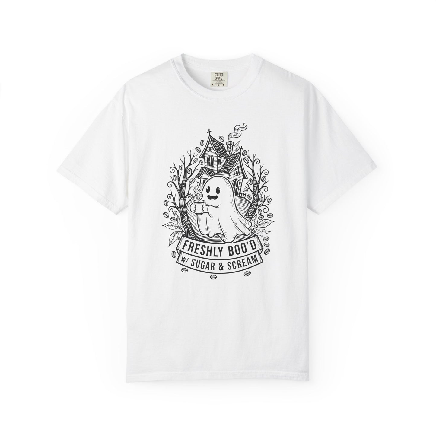 "Freshly Boo'd w/ Sugar & Scream" Cute Coffee Ghost Haunted House T-Shirt
