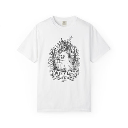 "Freshly Boo'd w/ Sugar & Scream" Cute Coffee Ghost Haunted House T-Shirt
