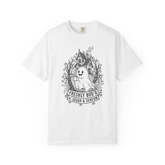 "Freshly Boo'd w/ Sugar & Scream" Cute Coffee Ghost Haunted House T-Shirt