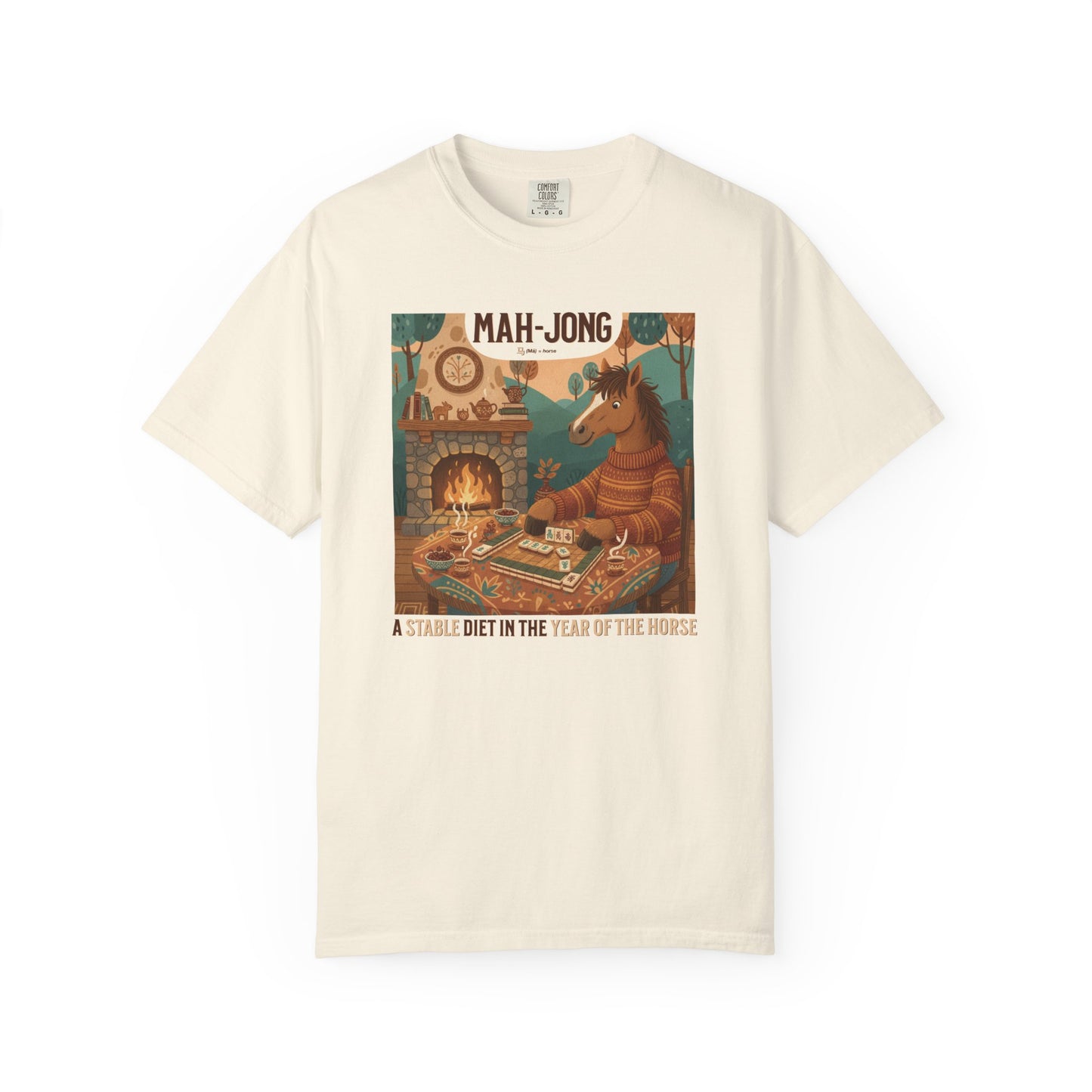 “Mah-Jong: A Stable Diet in the Year of the Horse” T-Shirt — Retro Cozy Mahjong Horse Design