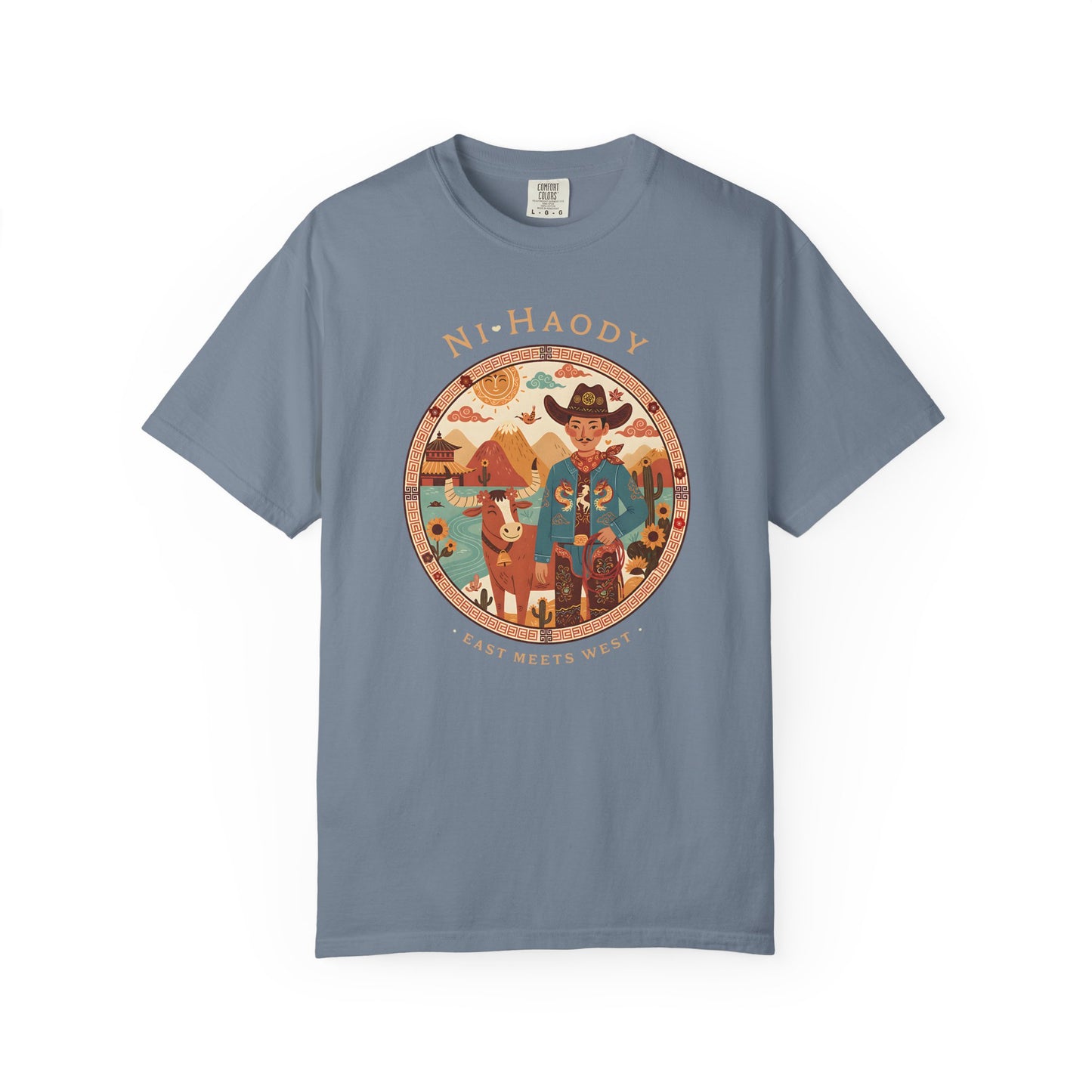 "Ni-Haody. Easts Meets West" Asian Cowboy Camp Graphic T-Shirt — Western Illustration Tee
