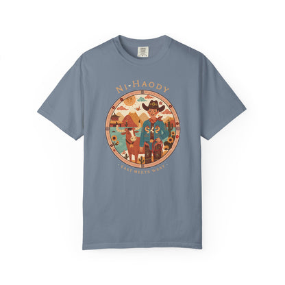 "Ni-Haody. Easts Meets West" Asian Cowboy Camp Graphic T-Shirt — Western Illustration Tee