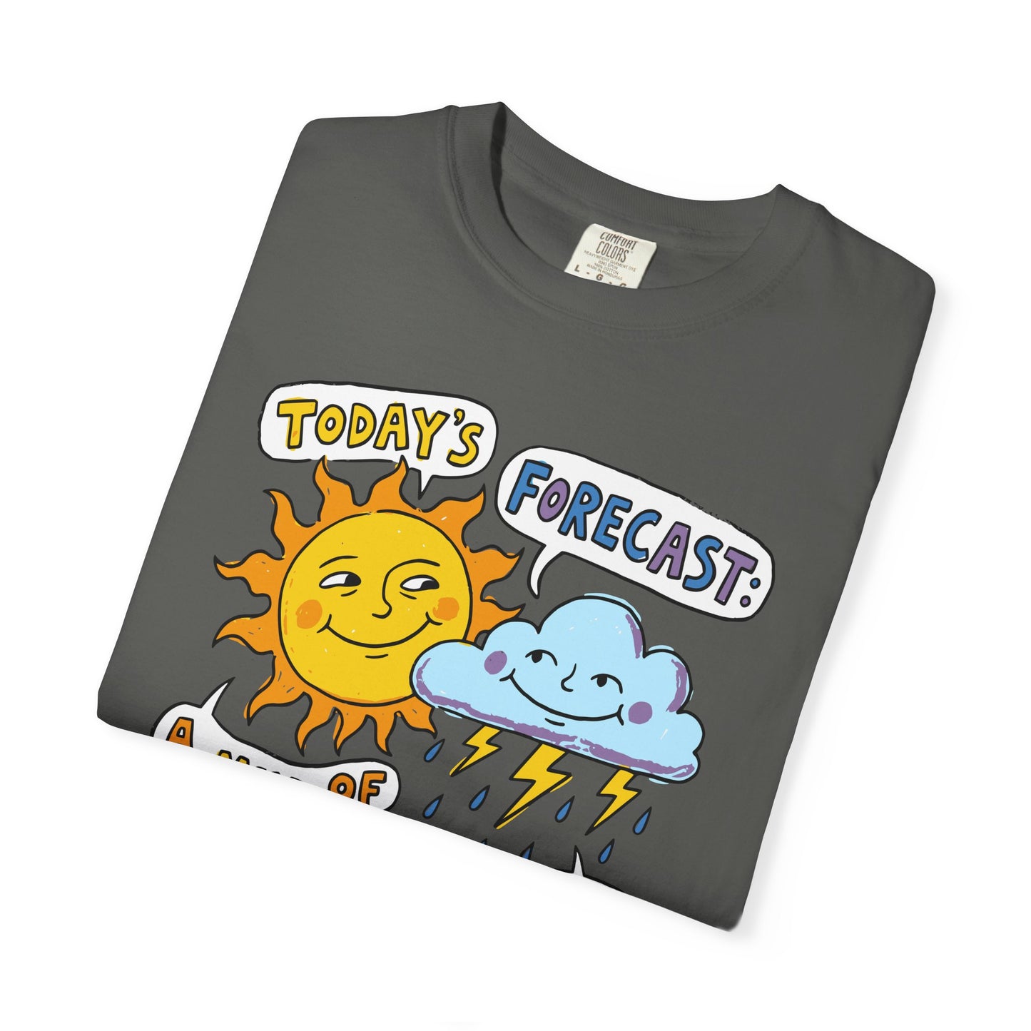 "Today's Forecast: A Mix of Fun and Louds" Tee — Playful Weather Cartoon T-Shirt