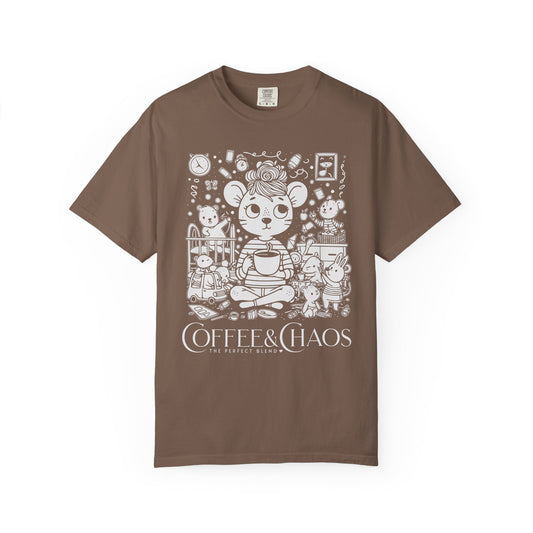 "Coffee & Chaos: The Perfect Blend" T-Shirt — Cute Kawaii Mouse Coffee Lover Tee