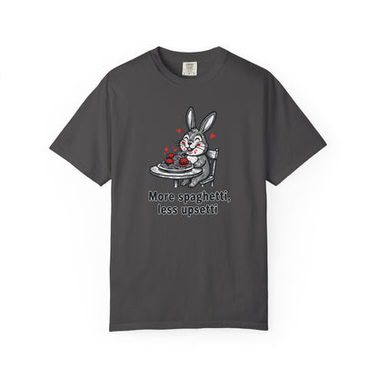 More Spaghetti Less Upsetti T-Shirt — Cute Bunny Pasta Graphic Tee