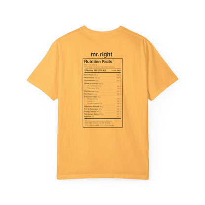 Mr. Right Couples Tee — "mr. right" Front Text with Nutrition Facts Back Graphic T-Shirt