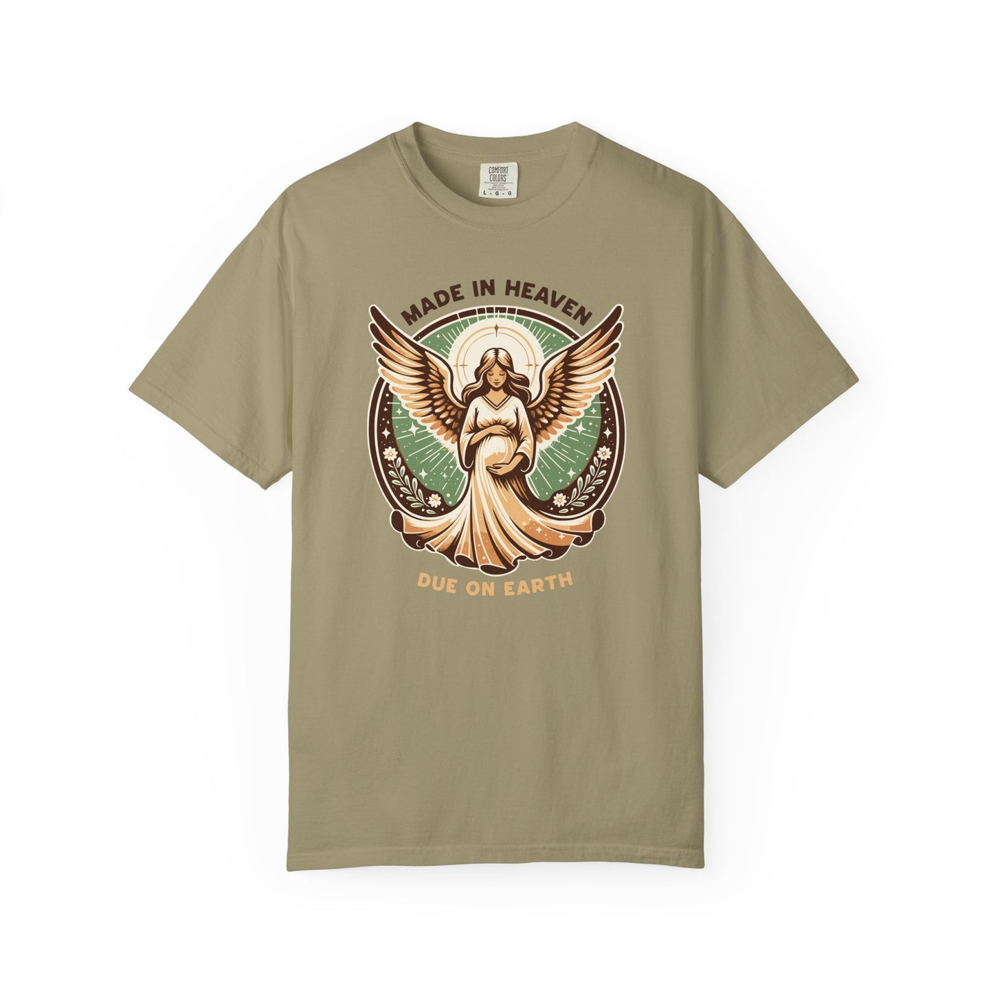 "Made in Heaven, Due on Earth" Angel Graphic T-Shirt — Vintage Expecting Mother Tee