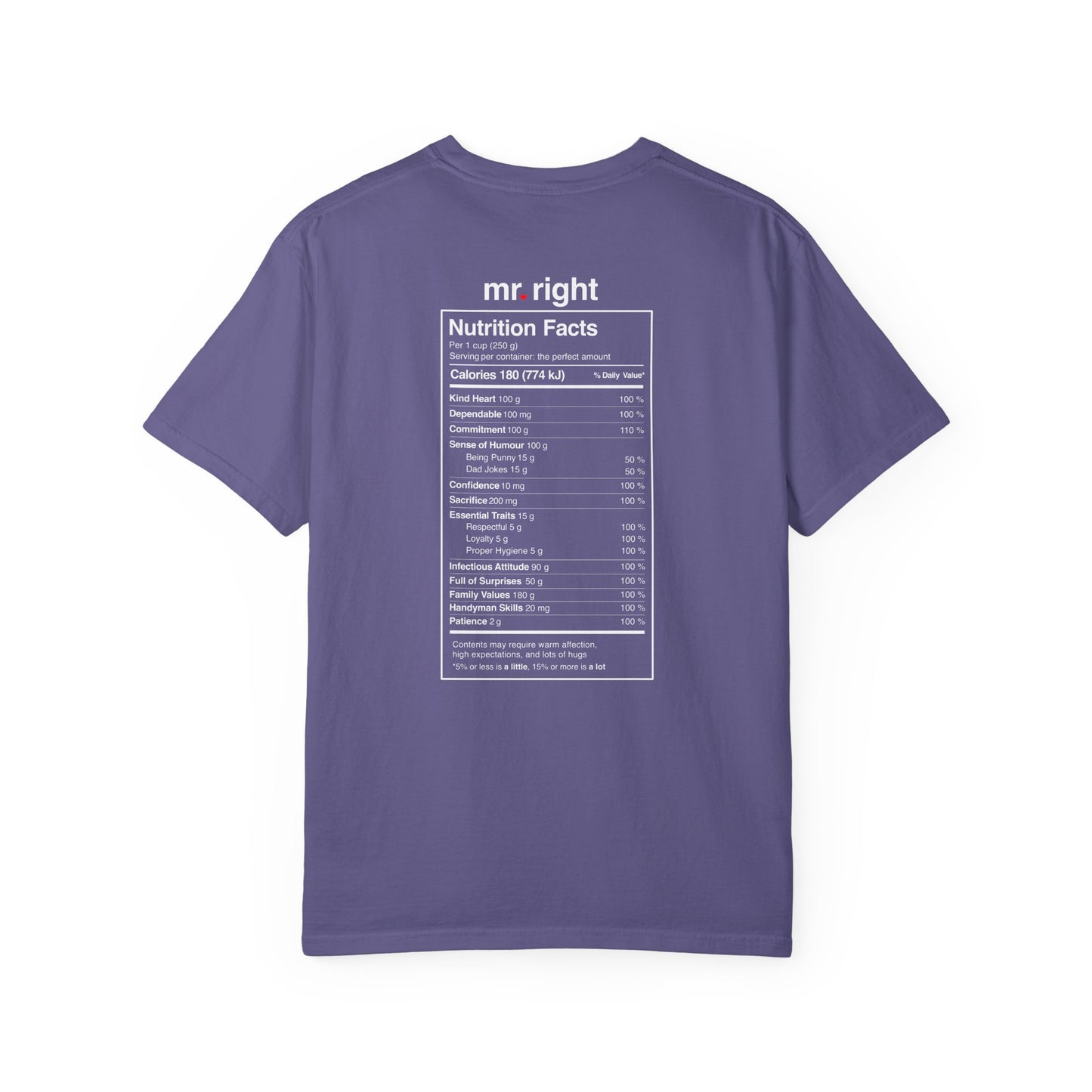 Mr. Right Couples Tee — "mr. right" Front Text with Nutrition Facts Back Graphic T-Shirt