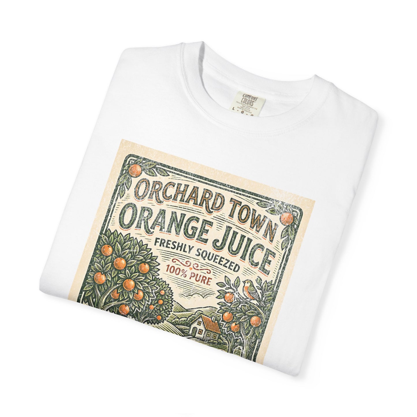 Orchard Town Orange Juice T-Shirt - Vintage Linocut Graphic Tee