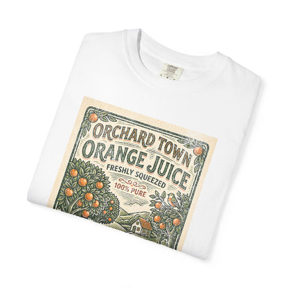 Orchard Town Orange Juice T-Shirt - Vintage Linocut Graphic Tee