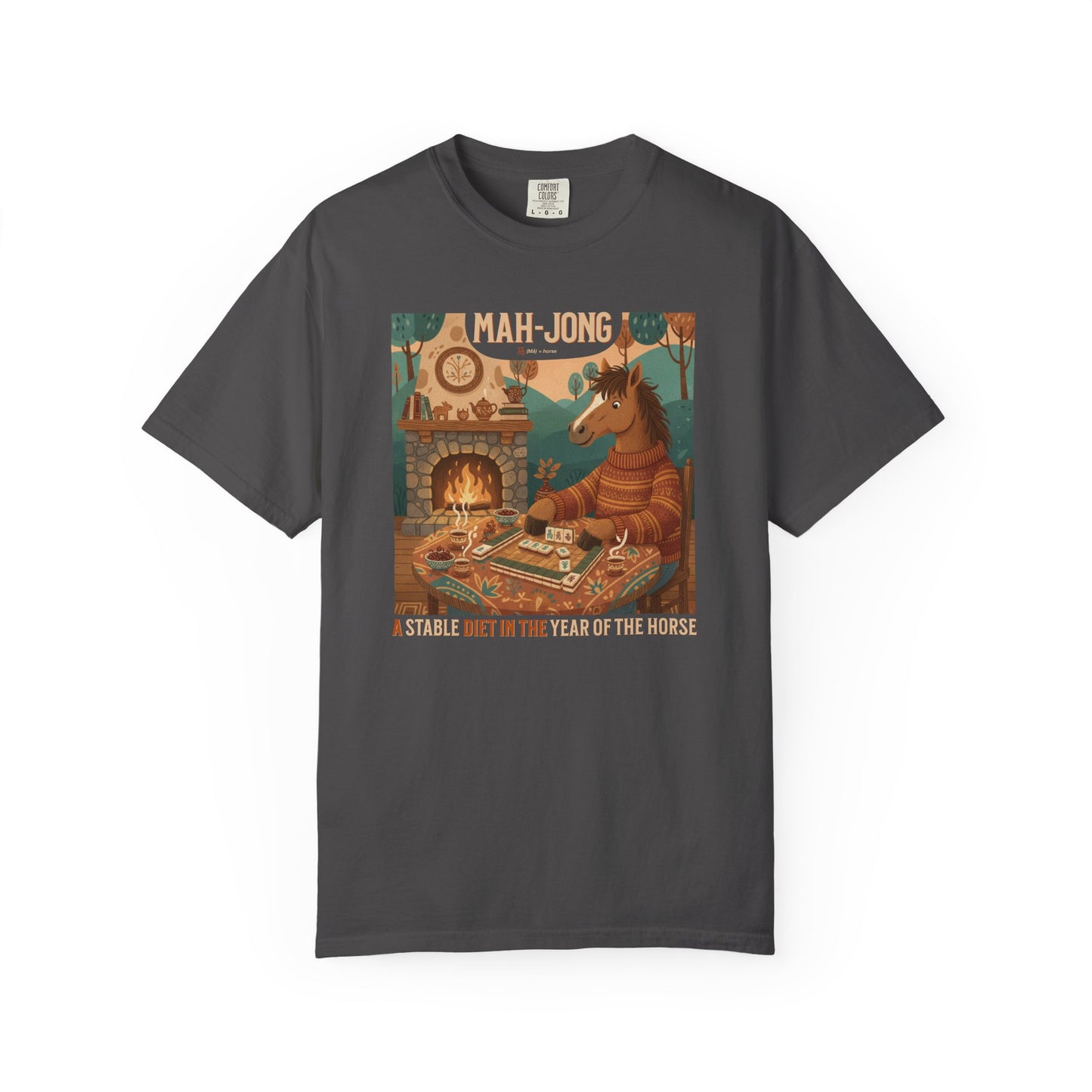 “Mah-Jong: A Stable Diet in the Year of the Horse” T-Shirt — Retro Cozy Mahjong Horse Design