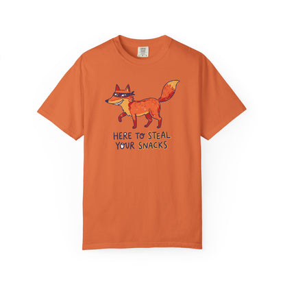 "Here to Steal Your Snacks" Graphic T-Shirt — Cute Snack Thief Fox Tee