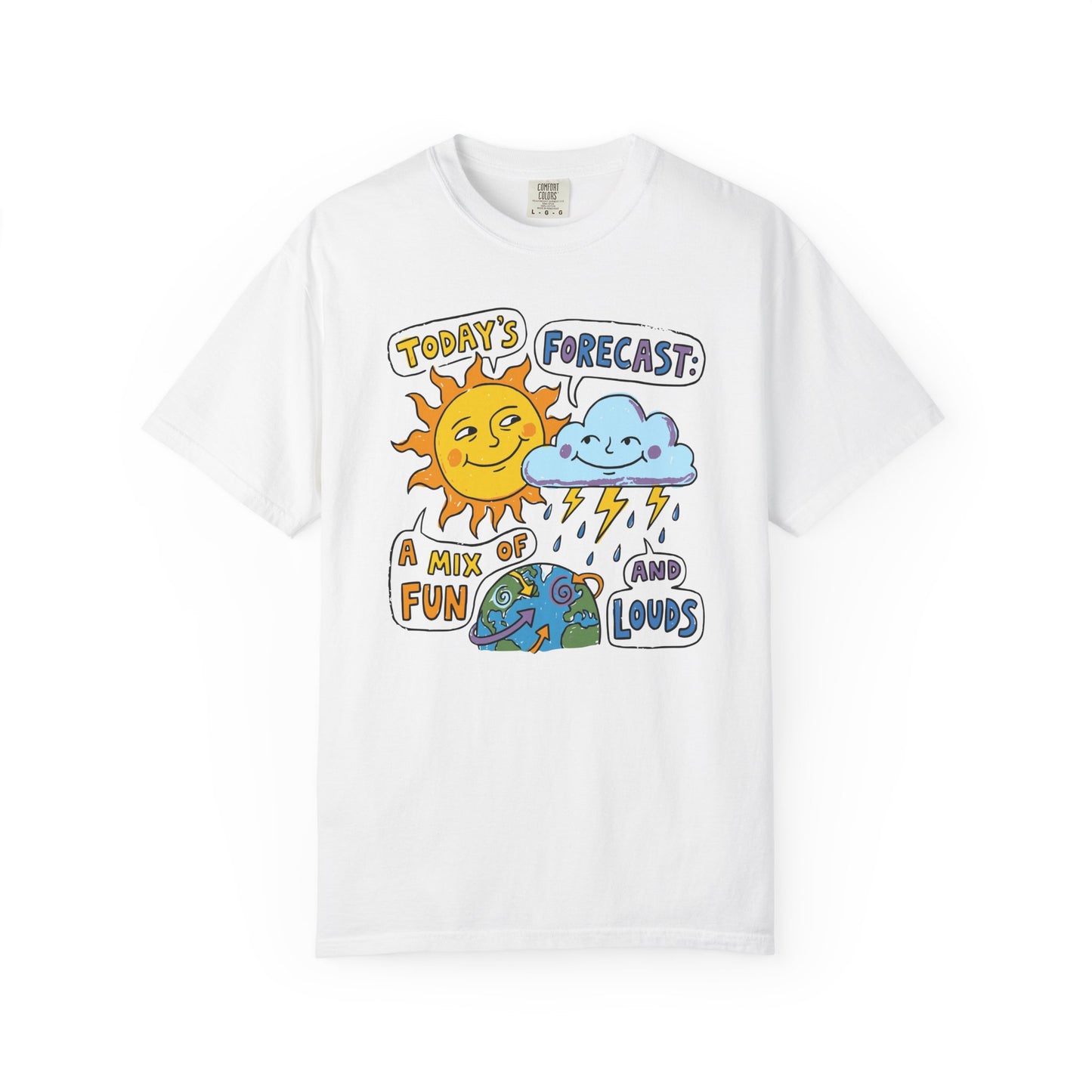 "Today's Forecast: A Mix of Fun and Louds" Tee — Playful Weather Cartoon T-Shirt