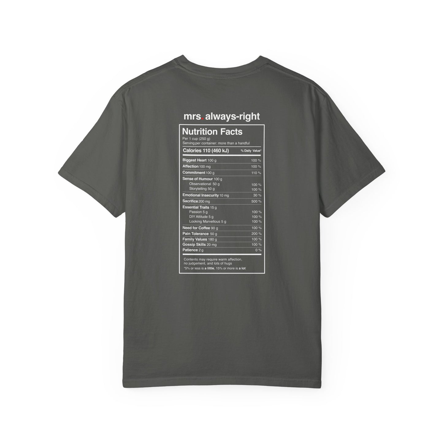 Mrs. Always-Right Couples Tee  — "mrs. always right" Front Text with 'Nutrition Facts' Back Print T-Shirt