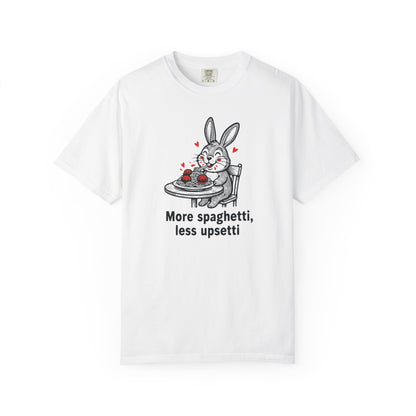 More Spaghetti Less Upsetti T-Shirt — Cute Bunny Pasta Graphic Tee
