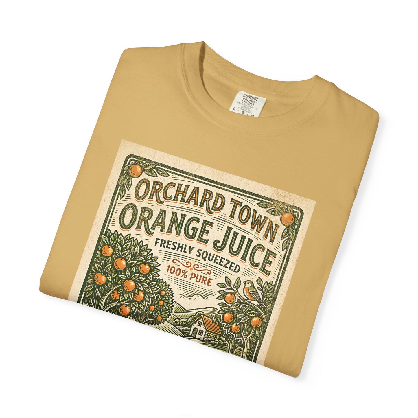 Orchard Town Orange Juice T-Shirt - Vintage Linocut Graphic Tee