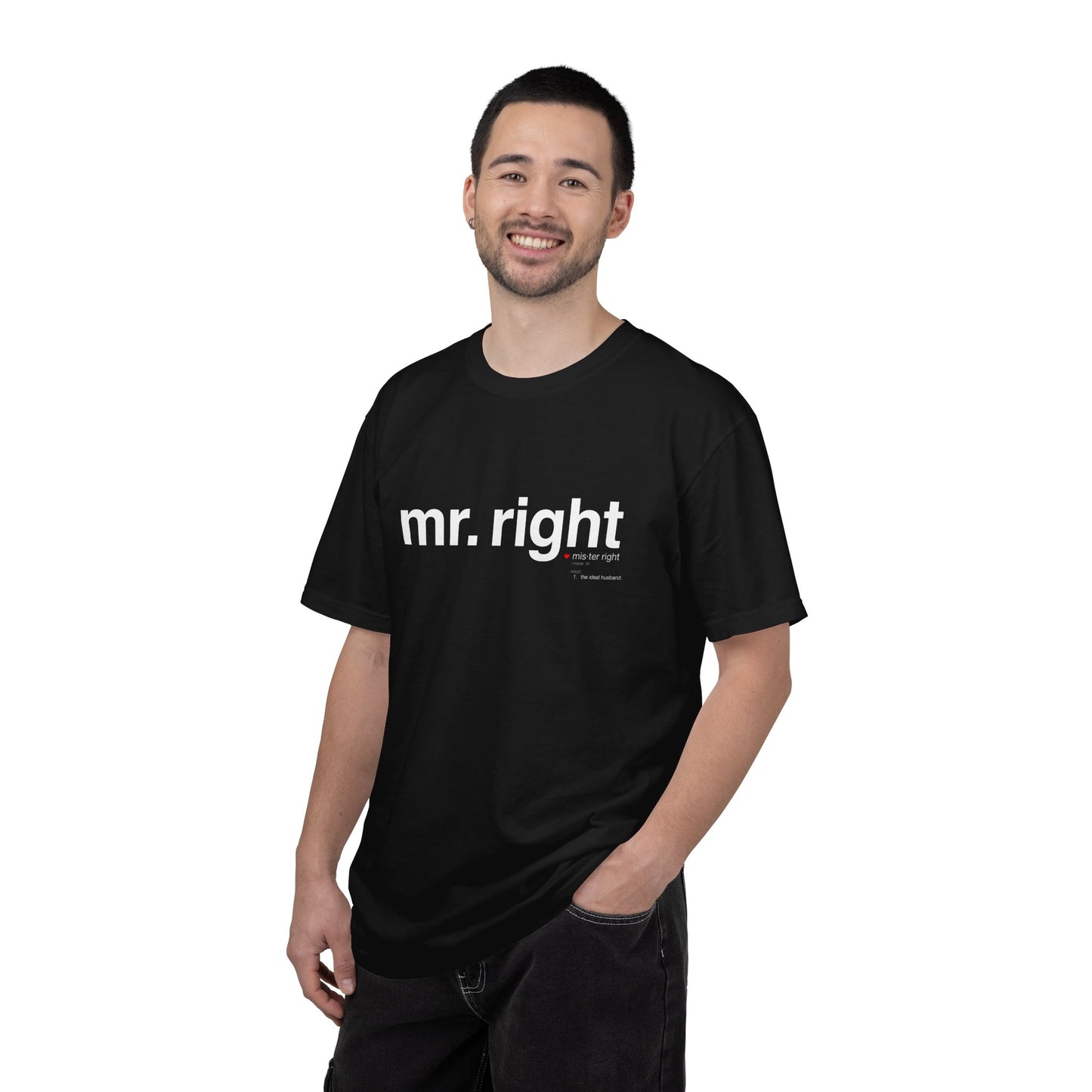 Mr. Right Couples Tee — "mr. right" Front Text with Nutrition Facts Back Graphic T-Shirt