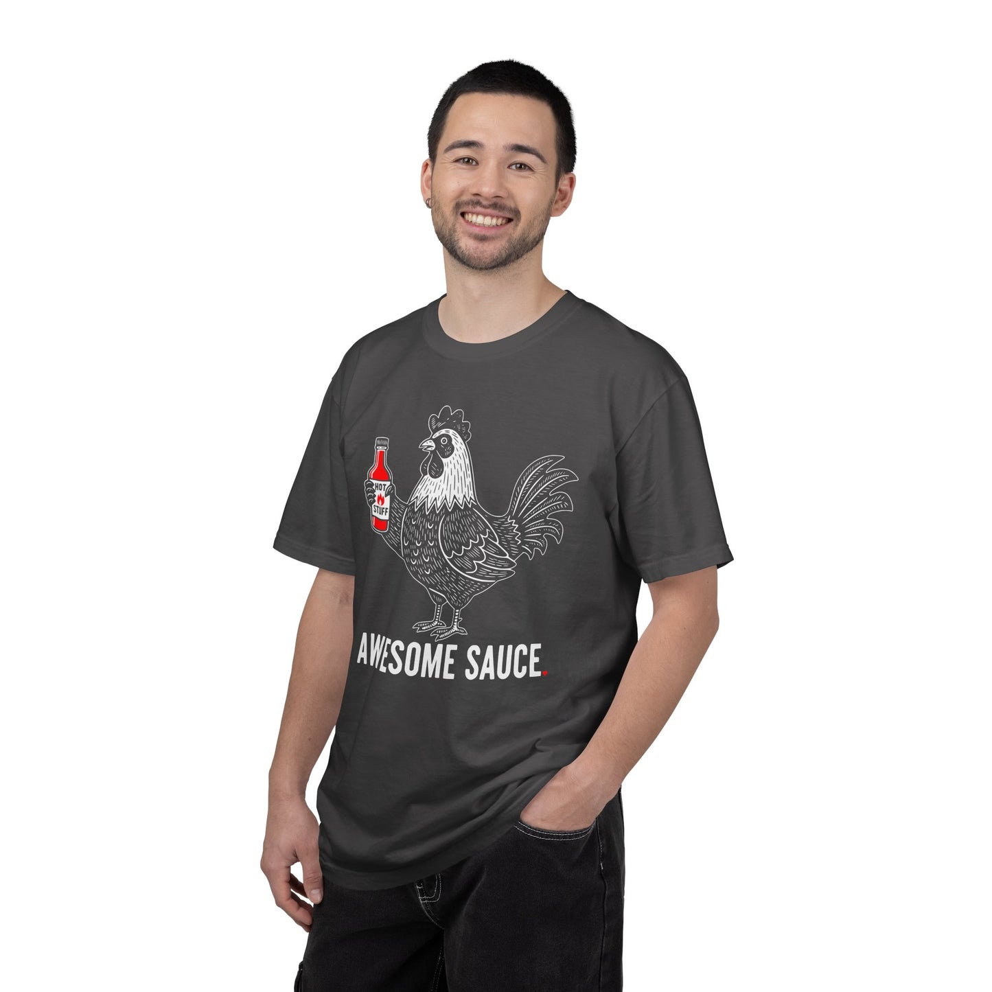 "Awesome Sauce" Hot Stuff T-Shirt - Vintage Linocut Rooster Graphic Tee