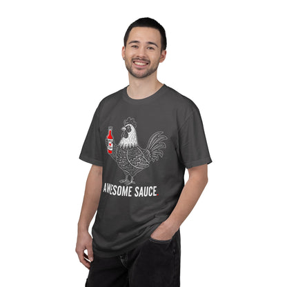 "Awesome Sauce" Hot Stuff T-Shirt - Vintage Linocut Rooster Graphic Tee