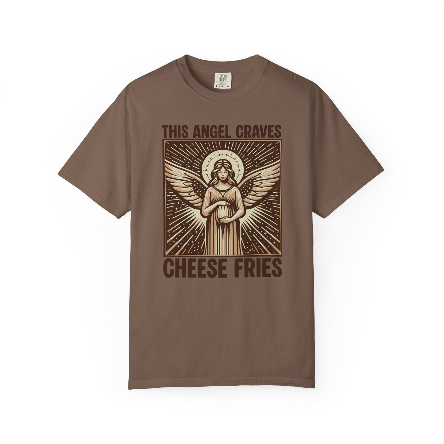 "This Angel Craves Cheese Fries" T-Shirt — Vintage Pregnant Angel Graphic Tee