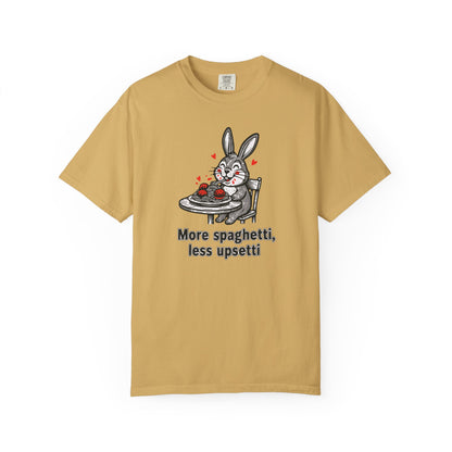 More Spaghetti Less Upsetti T-Shirt — Cute Bunny Pasta Graphic Tee