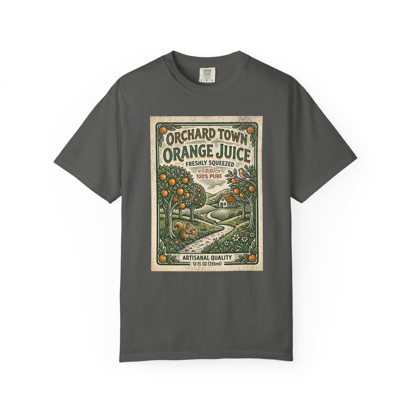 Orchard Town Orange Juice T-Shirt - Vintage Linocut Graphic Tee