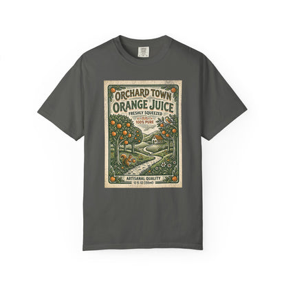 Orchard Town Orange Juice T-Shirt - Vintage Linocut Graphic Tee