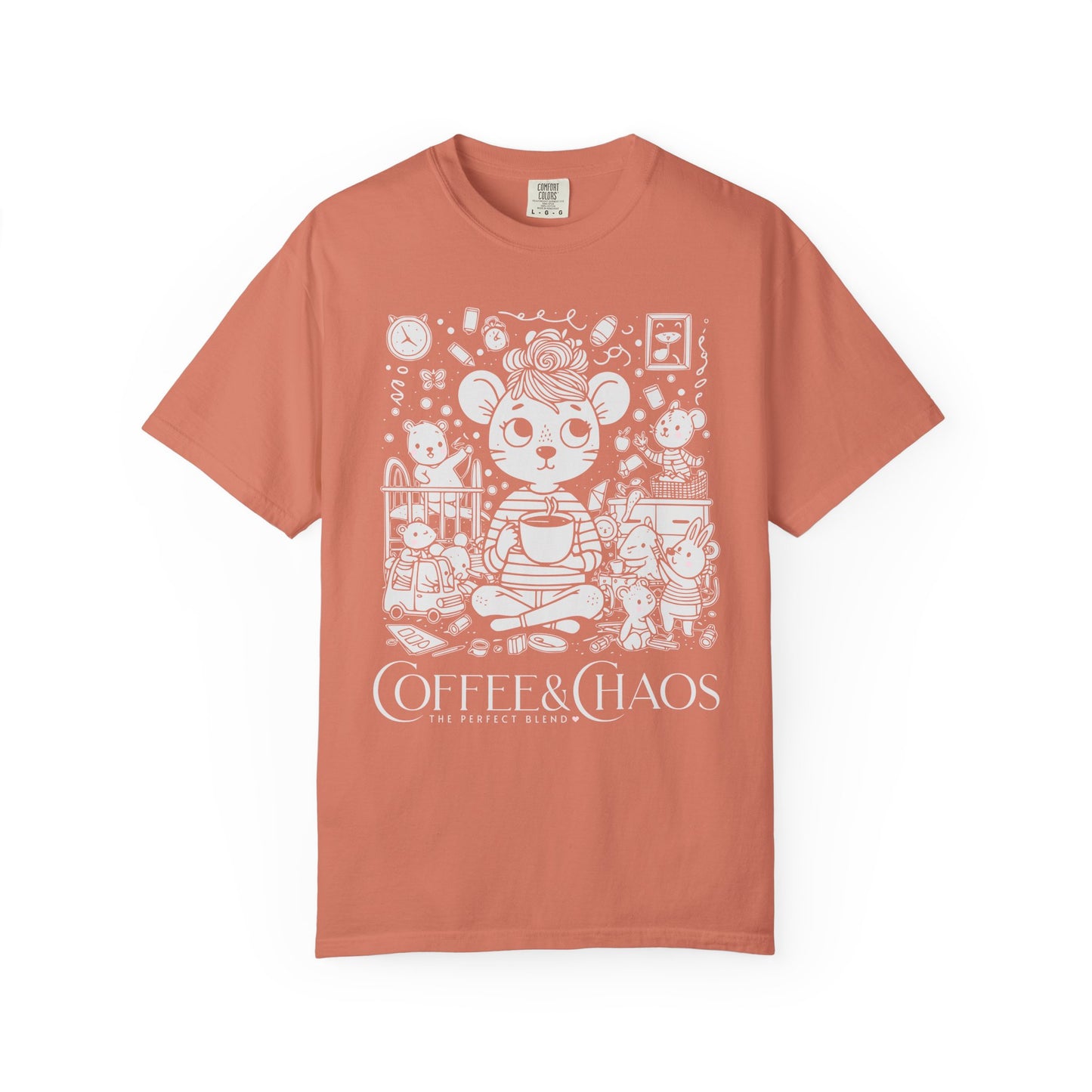 "Coffee & Chaos: The Perfect Blend" T-Shirt — Cute Kawaii Mouse Coffee Lover Tee