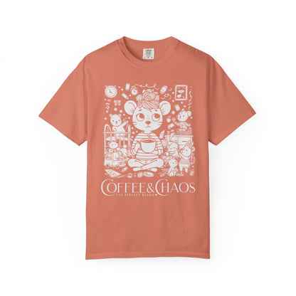 "Coffee & Chaos: The Perfect Blend" T-Shirt — Cute Kawaii Mouse Coffee Lover Tee