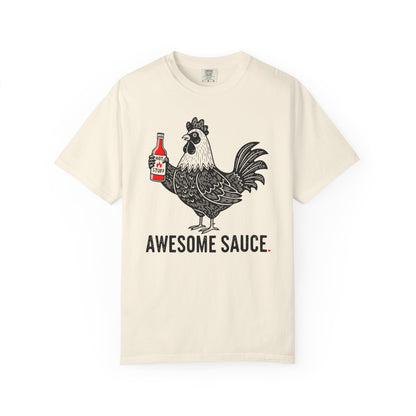 "Awesome Sauce" Hot Stuff T-Shirt - Vintage Linocut Rooster Graphic Tee