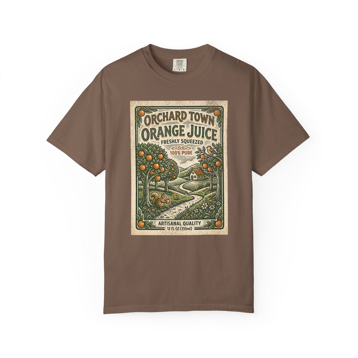 Orchard Town Orange Juice T-Shirt - Vintage Linocut Graphic Tee