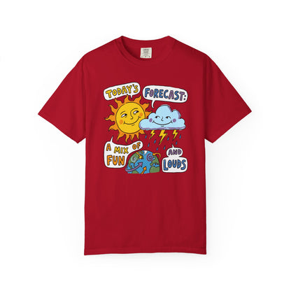 "Today's Forecast: A Mix of Fun and Louds" Tee — Playful Weather Cartoon T-Shirt