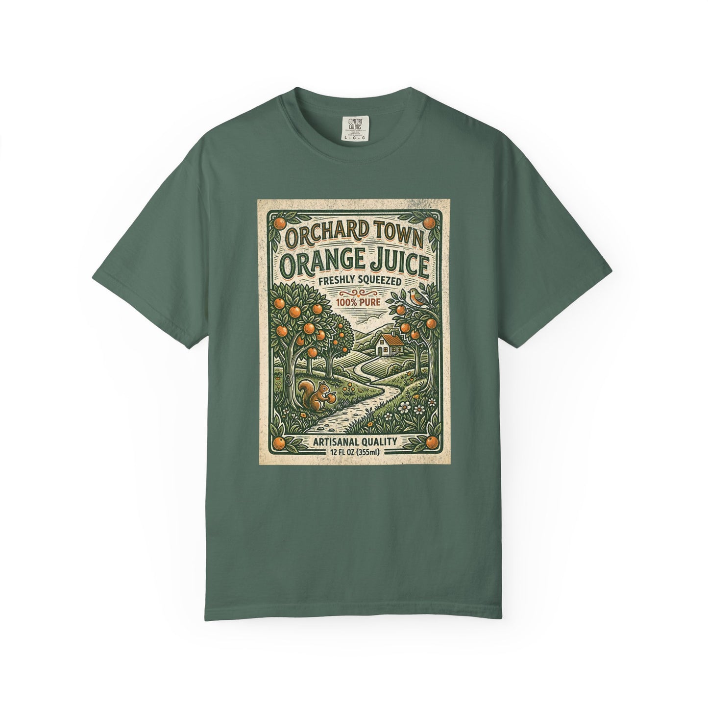 Orchard Town Orange Juice T-Shirt - Vintage Linocut Graphic Tee