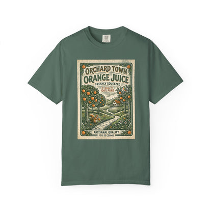 Orchard Town Orange Juice T-Shirt - Vintage Linocut Graphic Tee
