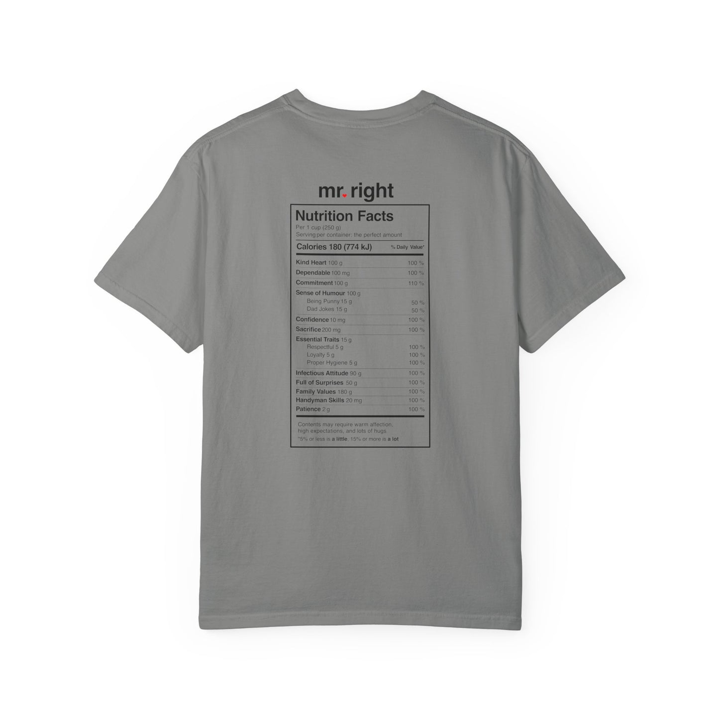 Mr. Right Couples Tee — "mr. right" Front Text with Nutrition Facts Back Graphic T-Shirt