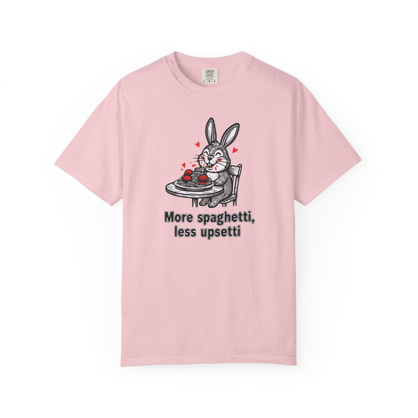 More Spaghetti Less Upsetti T-Shirt — Cute Bunny Pasta Graphic Tee