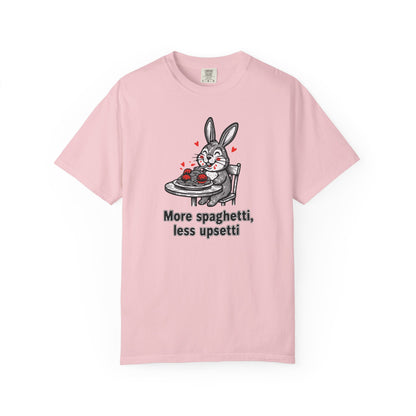 More Spaghetti Less Upsetti T-Shirt — Cute Bunny Pasta Graphic Tee