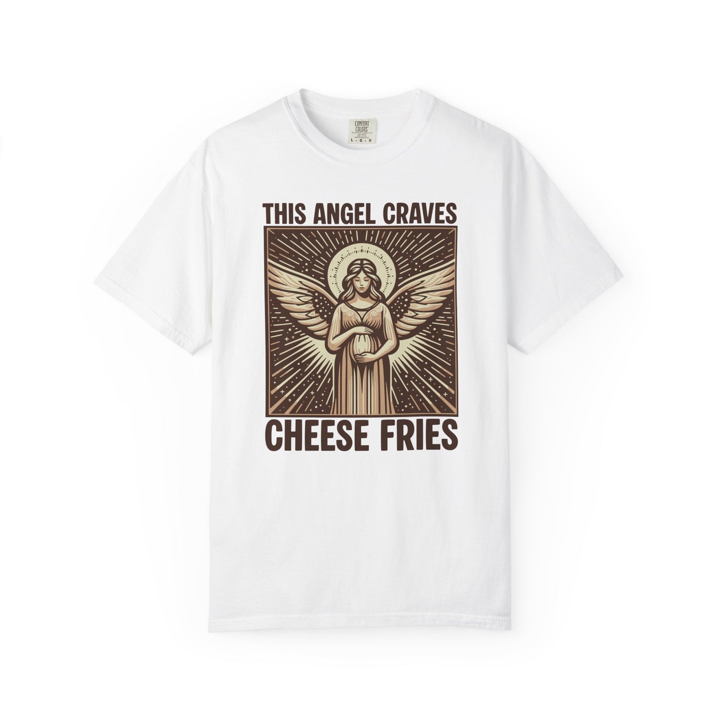 "This Angel Craves Cheese Fries" T-Shirt — Vintage Pregnant Angel Graphic Tee