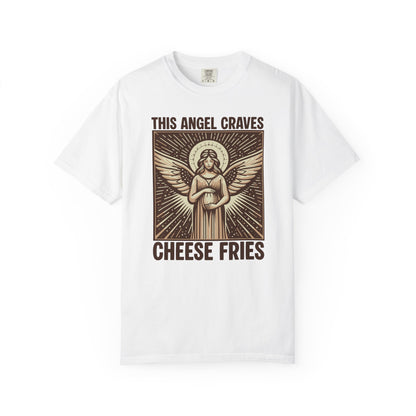 "This Angel Craves Cheese Fries" T-Shirt — Vintage Pregnant Angel Graphic Tee