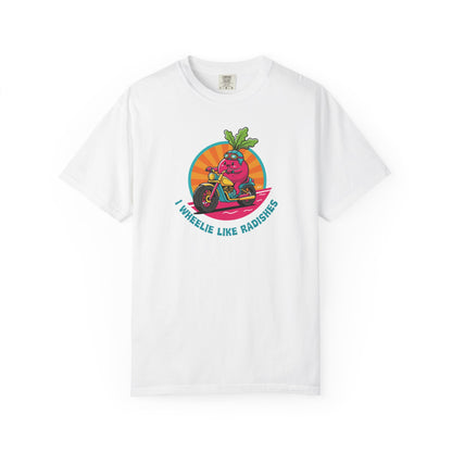“Wheelie Like Radishes” T-Shirt —  Retro Radish Lover Vegan Cycling Graphic Tee