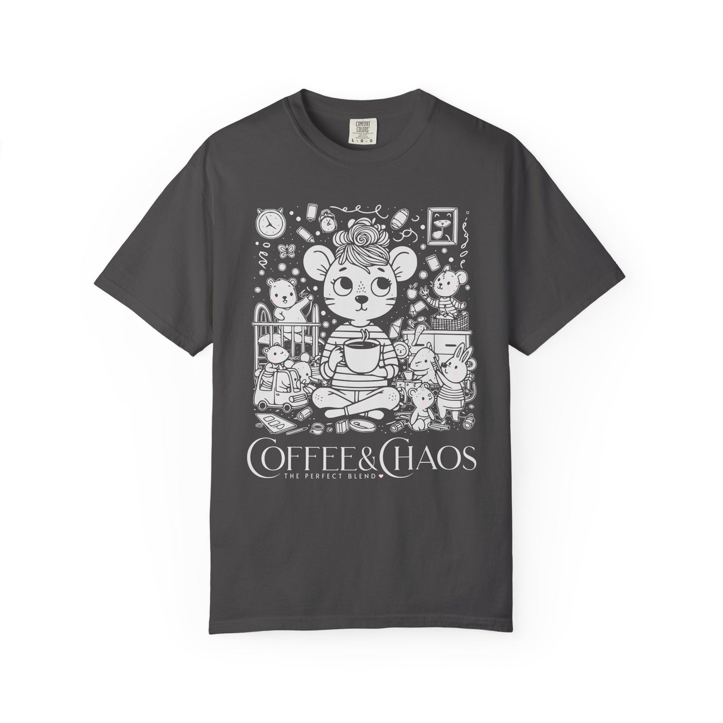 "Coffee & Chaos: The Perfect Blend" T-Shirt — Cute Kawaii Mouse Coffee Lover Tee