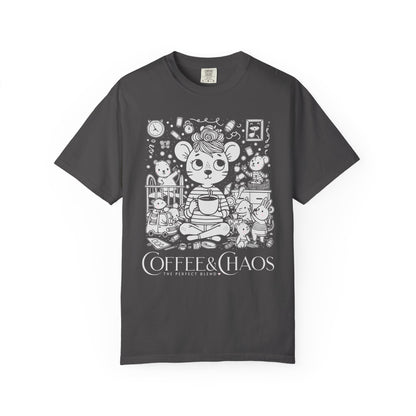 "Coffee & Chaos: The Perfect Blend" T-Shirt — Cute Kawaii Mouse Coffee Lover Tee