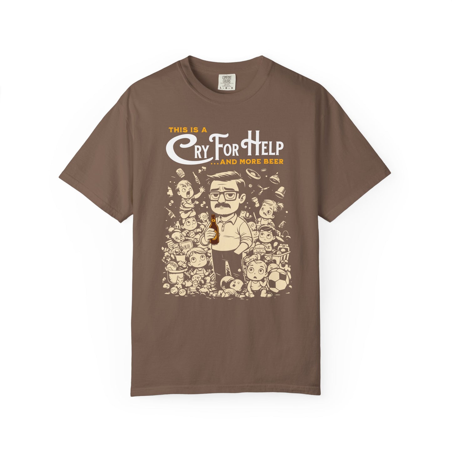 "This Is A Cry For Help and More Beer" T-Shirt — Funny Cartoon Dad Tee