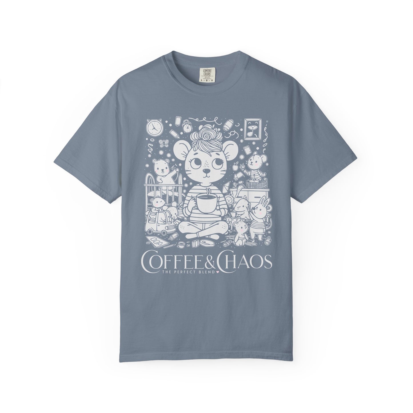 "Coffee & Chaos: The Perfect Blend" T-Shirt — Cute Kawaii Mouse Coffee Lover Tee