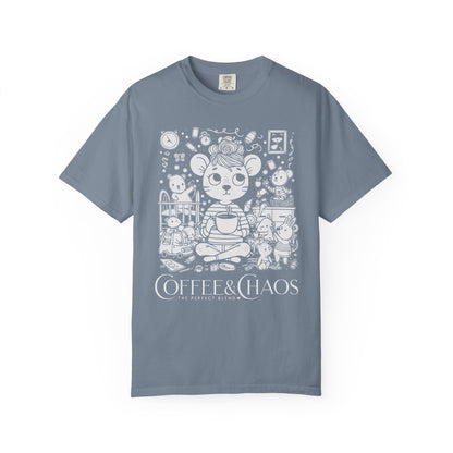 "Coffee & Chaos: The Perfect Blend" T-Shirt — Cute Kawaii Mouse Coffee Lover Tee