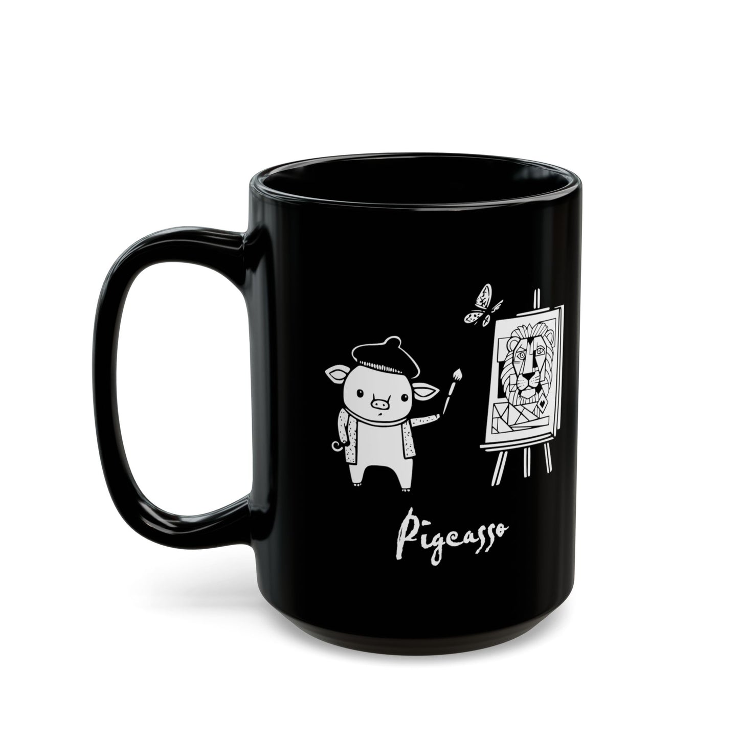 'Pigcasso' Pig Artist Black Ceramic Mug — Cute Art Lover Coffee Cup (11oz, 15oz)
