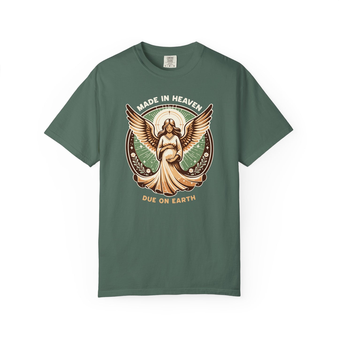 "Made in Heaven, Due on Earth" Angel Graphic T-Shirt — Vintage Expecting Mother Tee
