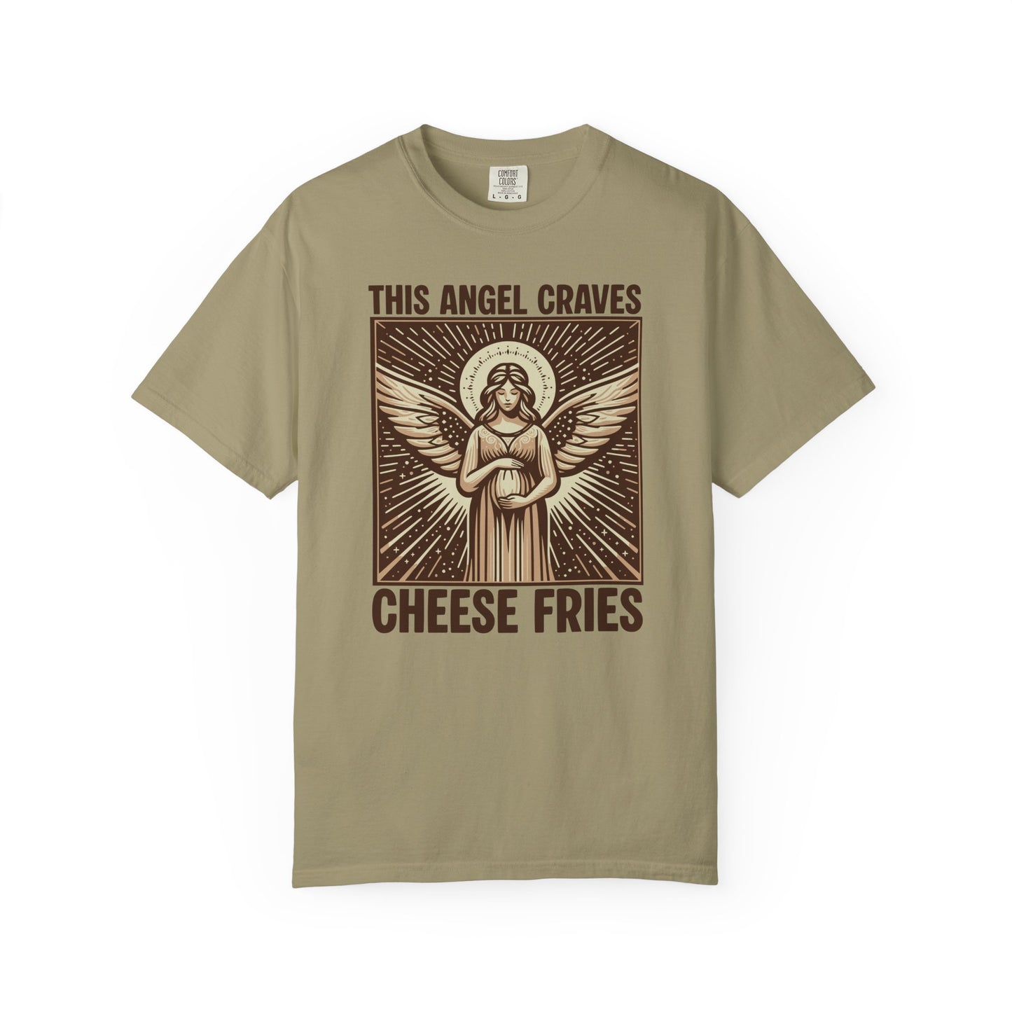 "This Angel Craves Cheese Fries" T-Shirt — Vintage Pregnant Angel Graphic Tee