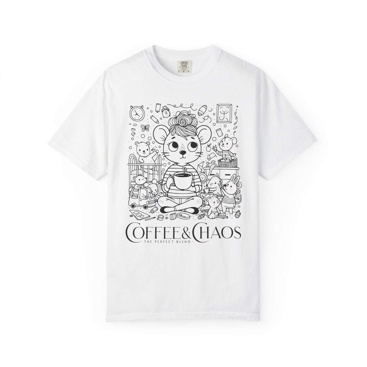 "Coffee & Chaos: The Perfect Blend" T-Shirt — Cute Kawaii Mouse Coffee Lover Tee