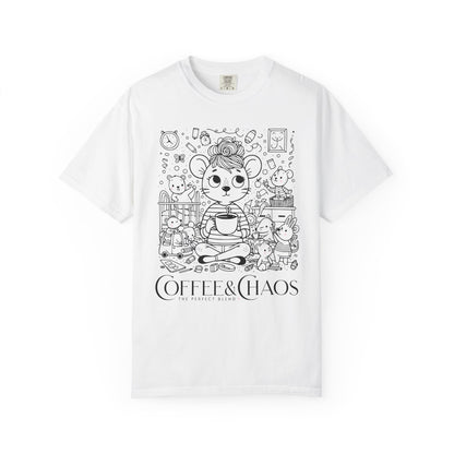 "Coffee & Chaos: The Perfect Blend" T-Shirt — Cute Kawaii Mouse Coffee Lover Tee